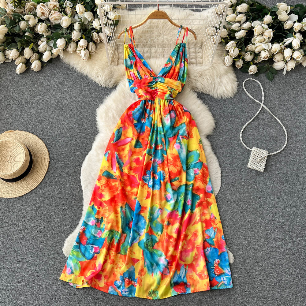 Đầm maxi dáng dài cổ V LUHAZO hở lưng sexy thắt eo tôn dáng nhiều màu sắc phong cách Hàn Quốc