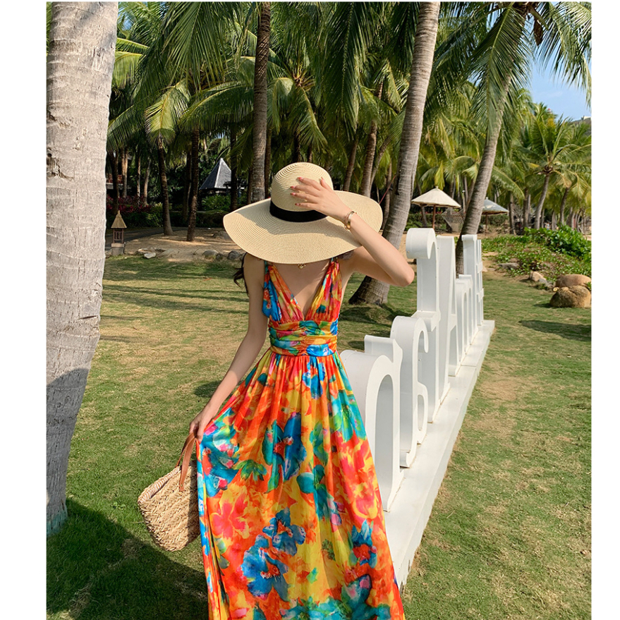 Đầm maxi dáng dài cổ V LUHAZO hở lưng sexy thắt eo tôn dáng nhiều màu sắc phong cách Hàn Quốc