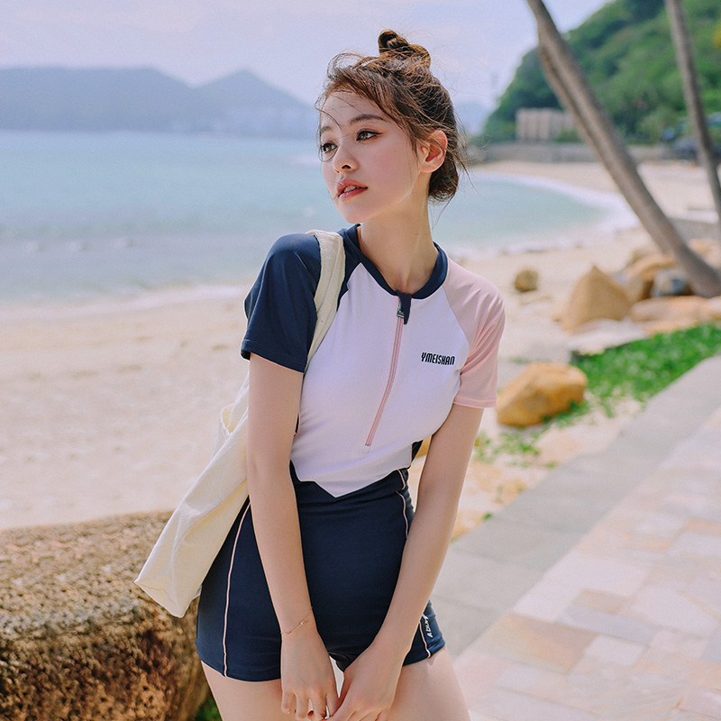 Đồ bơi kín đáo nữ LUHAZO 1 mảnh liền thân phối màu cá tính có khóa kéo phong cách thể thao 8412 A-91