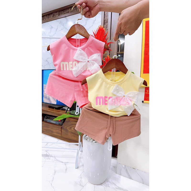 Bộ hè mẫu chữ meo meo đính nơ cho bé gái 1-6 tuổi