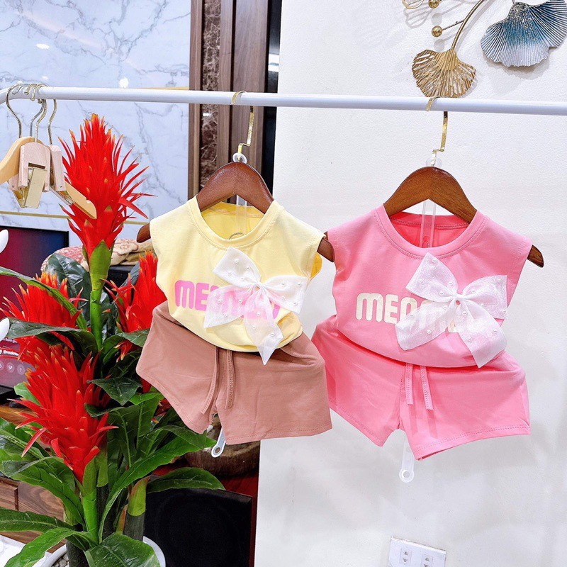 Bộ hè mẫu chữ meo meo đính nơ cho bé gái 1-6 tuổi