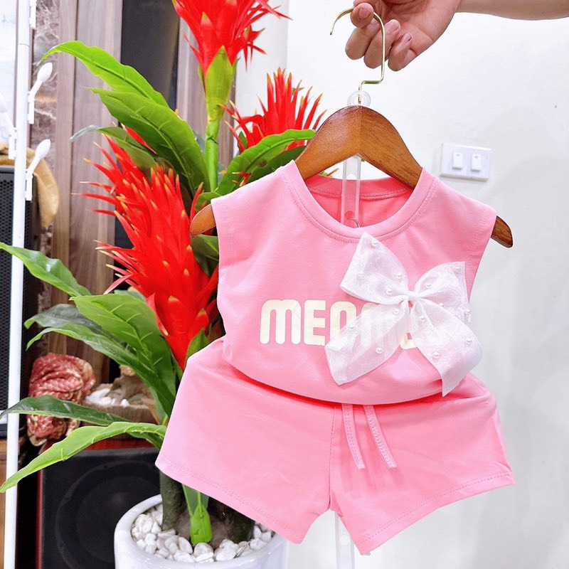 Bộ hè mẫu chữ meo meo đính nơ cho bé gái 1-6 tuổi