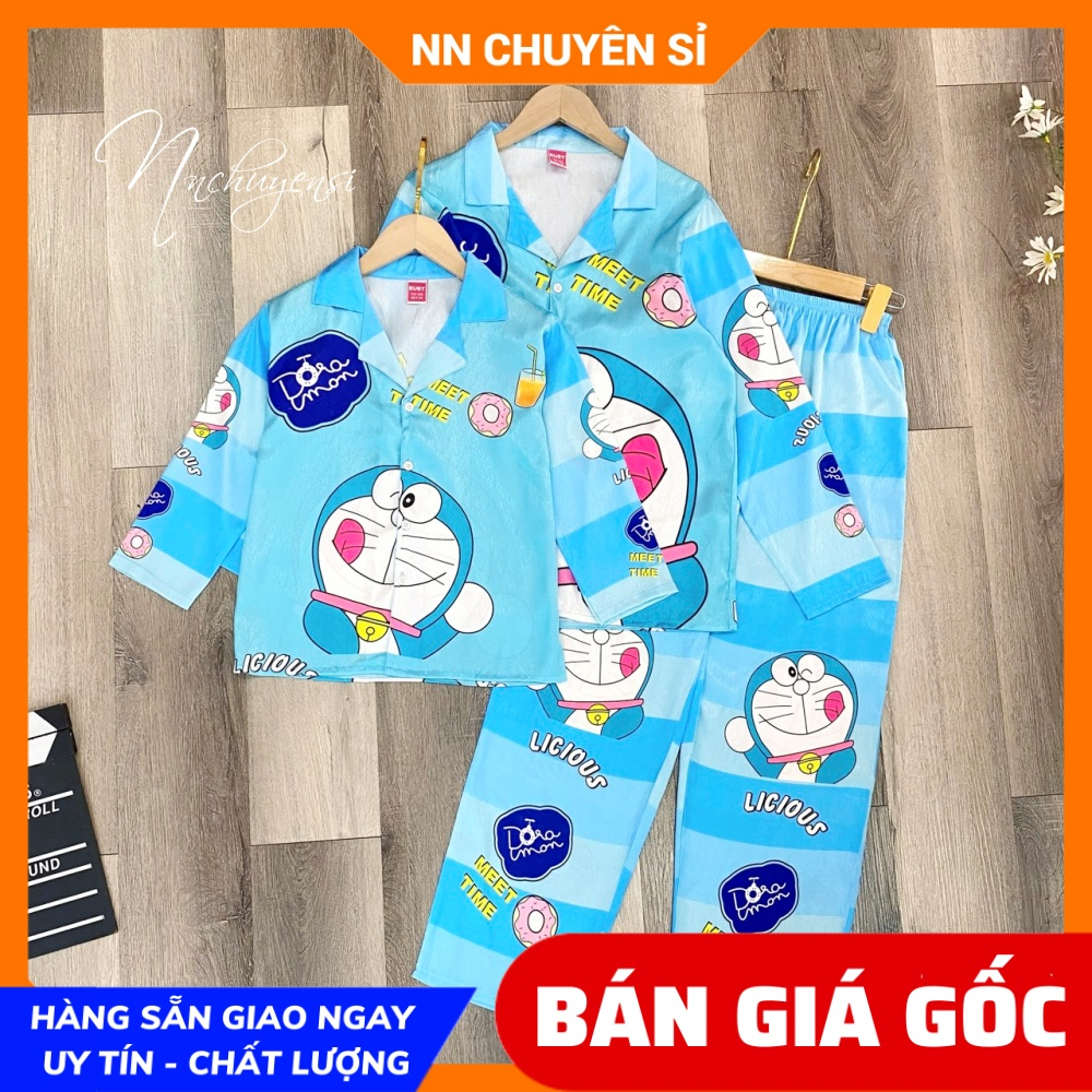 Đồ bộ lụa xước cao cấp cho bé size đến 75kg bộ mẹ và bé chất lụa xước ánh kim in Doremon hoạt hình dễ thương PRBQDTDLX