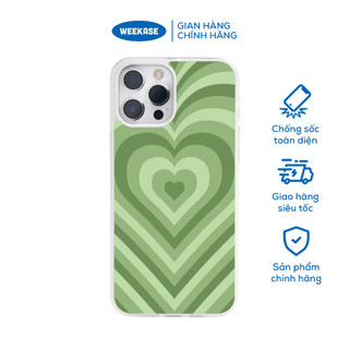 Ốp lưng iPhone viền trắng, đen chống sốc chống va đập Weekase in hình nhiều trái tim màu xanh matcha - Màu in cực bền