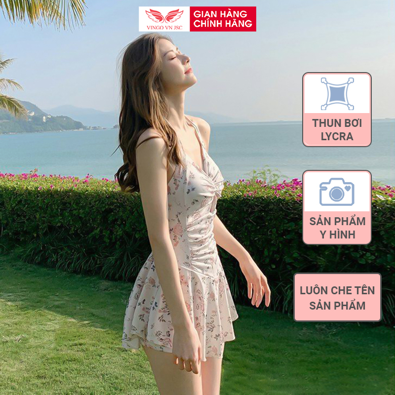 Set đồ bơi bikini liền thân quần liền váy chất thun Lycra VINGO 2 dây bản to buộc nơ hoa nhí màu be thiểu thư B217 VNGO