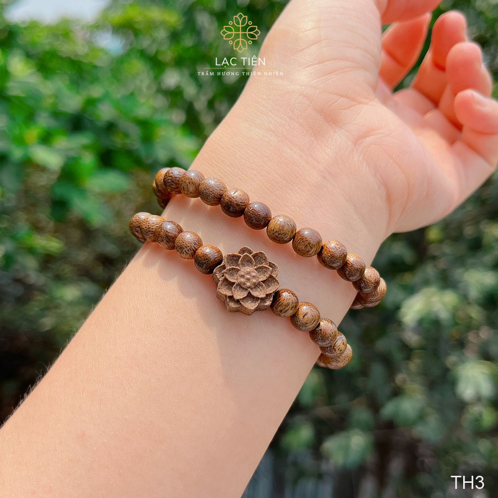Chuỗi vòng tay trầm hương charm hoa sen đeo 2 vòng phong thủy Lạc Tiên TH3