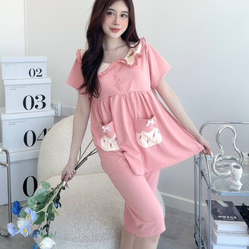 Bộ đồ bầu cộc tay mùa hè thiết kế dáng lửng cổ bèo chất cottonh đẹp mát thời trang hè cho mẹ bầu BL879