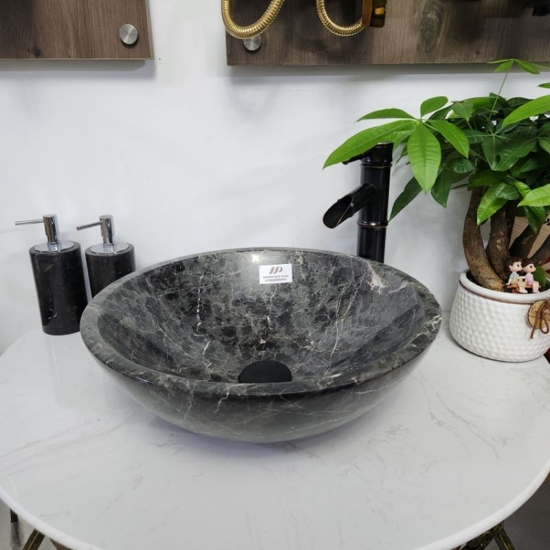Lavabo đá tự nhiên, lavabo đặt bàn đá đen nâu cao cấp
