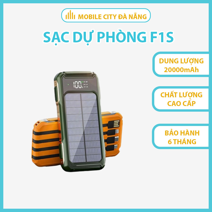 Sạc Dự Phòng 20000mAh F1S Pin Sạc Năng Lượng Mặt Trời, Sẵn 4 Dây USB, TypeC, Micro, Lining