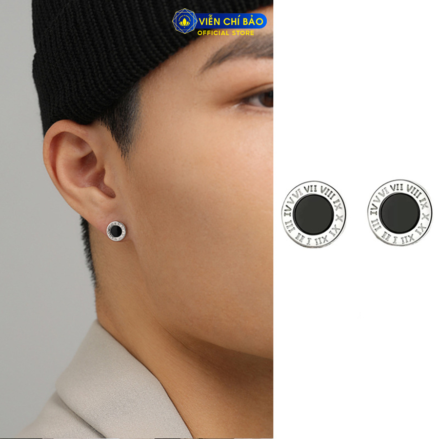 Bông tai bạc unisex la mã đá 2 màu đen xanh chất liệu bạc 925 thời trang phụ kiện trang sức Viễn Chí Bảo B100206