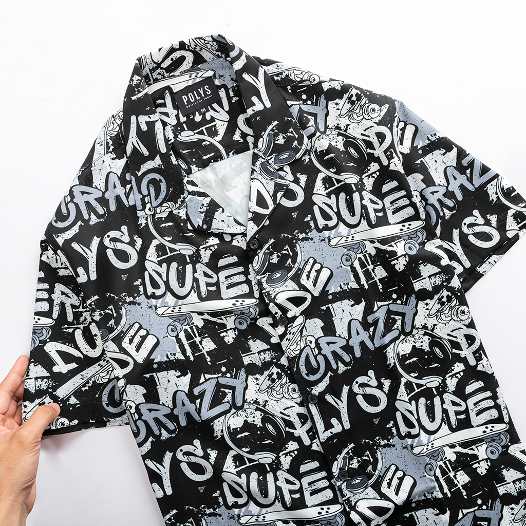 Áo sơ mi nam POLYS Fullbox, Vải Lụa co giãn 4 chiều, mềm mịn, thoáng khí. Áo sơ mi tay ngắn họa tiết CRAZY DUDE