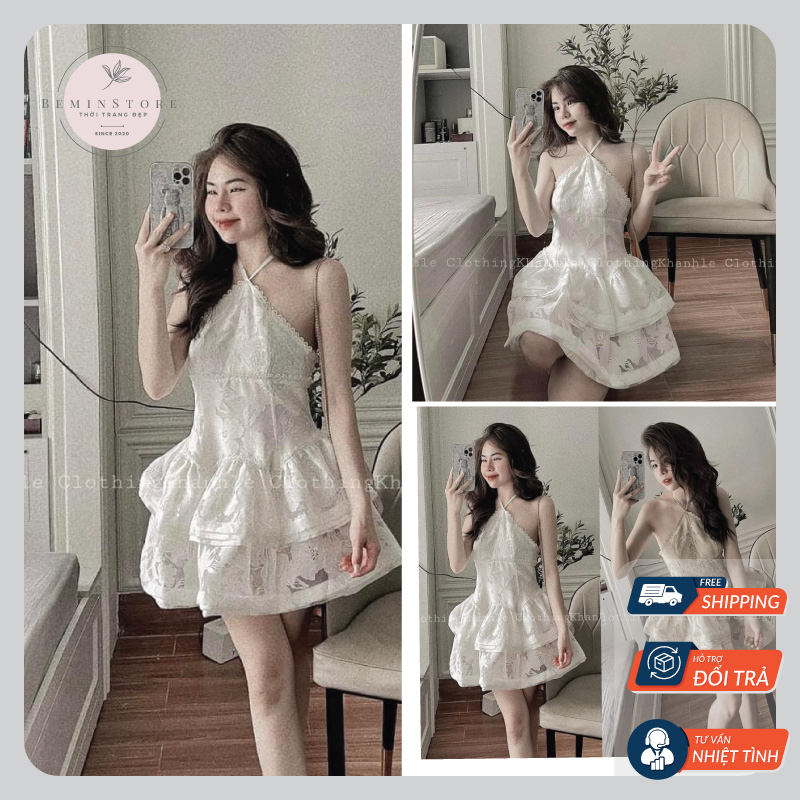 Váy đầm nữ thiết kế, váy cổ yếm hoa nổi pha ren tầng tiểu thư thích hợp mặc đi chơi, dạo phố, du lịch( toàn bộ ảnh thật)