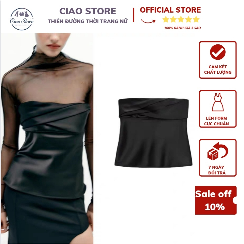 Áo ống croptop đen cúp ngực sang trọng - có phi bóng vải mền mặc thoải mái