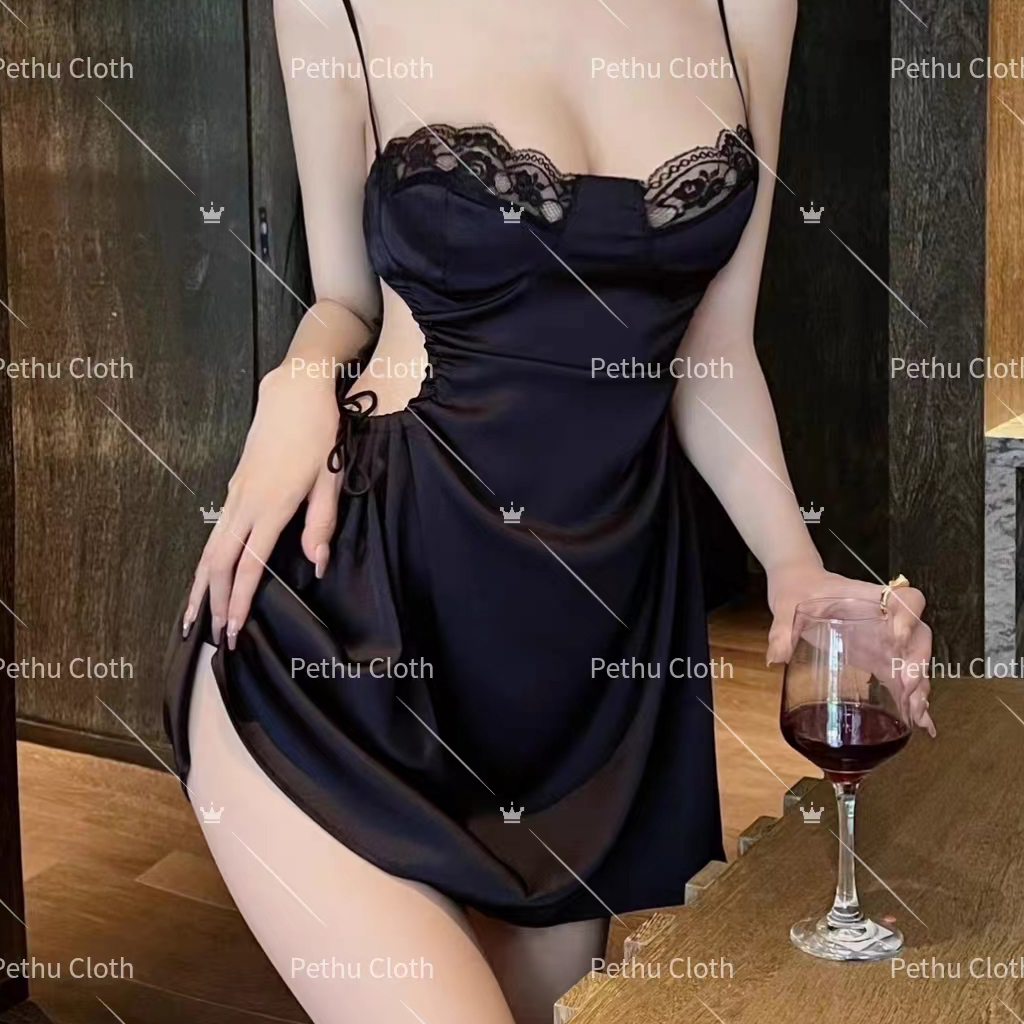 （Q1,HCM) 🥰Váy/đồ ngủ nữ sexy🥰 2 dây thun lạnh mềm phối ren 2 tà siêu gợi cảm tặng quần chíp 45-65kg--043