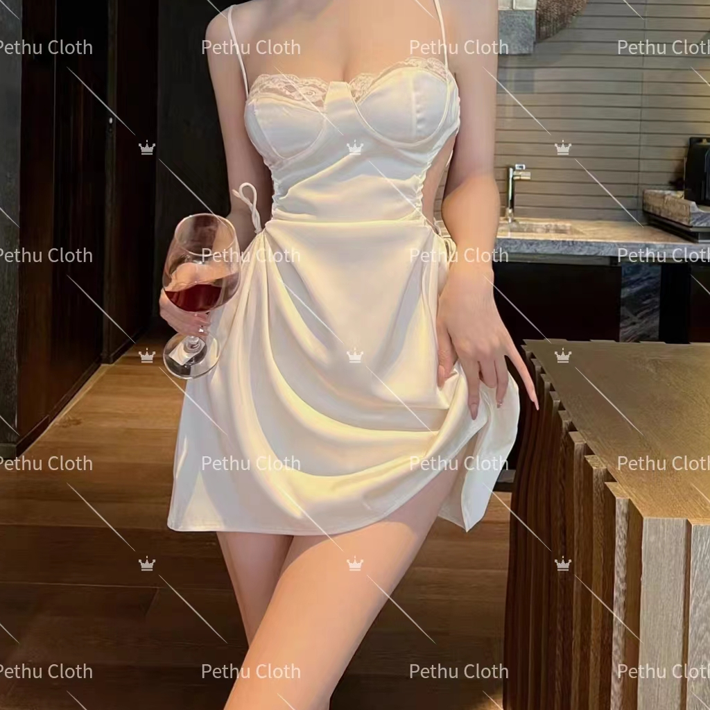 （Q1,HCM) 🥰Váy/đồ ngủ nữ sexy🥰 2 dây thun lạnh mềm phối ren 2 tà siêu gợi cảm tặng quần chíp 45-65kg--043