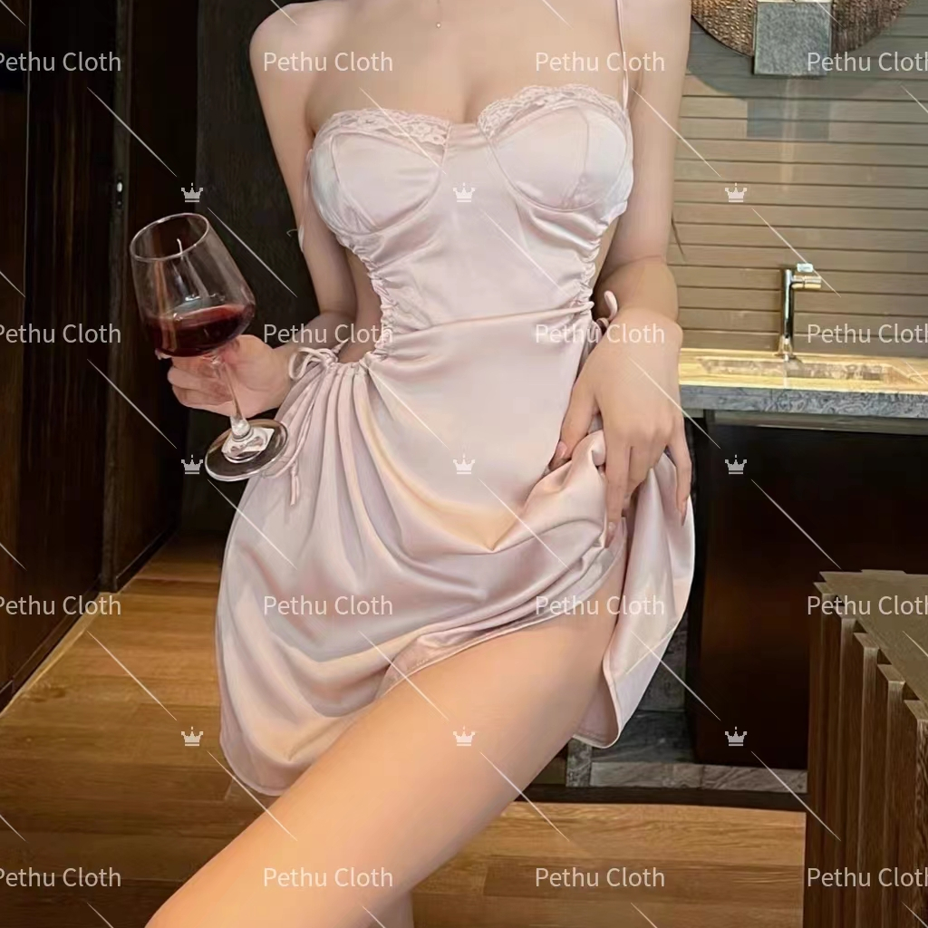 （Q1,HCM) 🥰Váy/đồ ngủ nữ sexy🥰 2 dây thun lạnh mềm phối ren 2 tà siêu gợi cảm tặng quần chíp 45-65kg--043