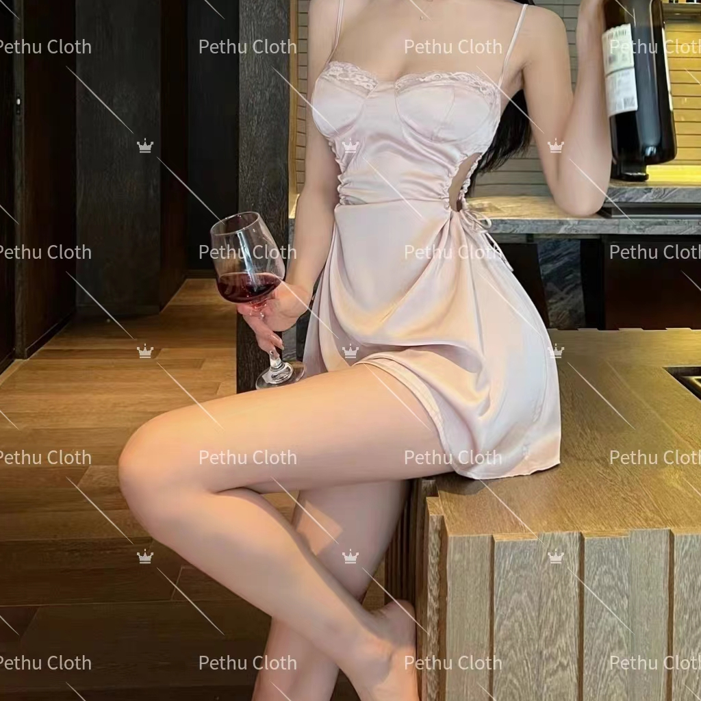 （Q1,HCM) 🥰Váy/đồ ngủ nữ sexy🥰 2 dây thun lạnh mềm phối ren 2 tà siêu gợi cảm tặng quần chíp 45-65kg--043