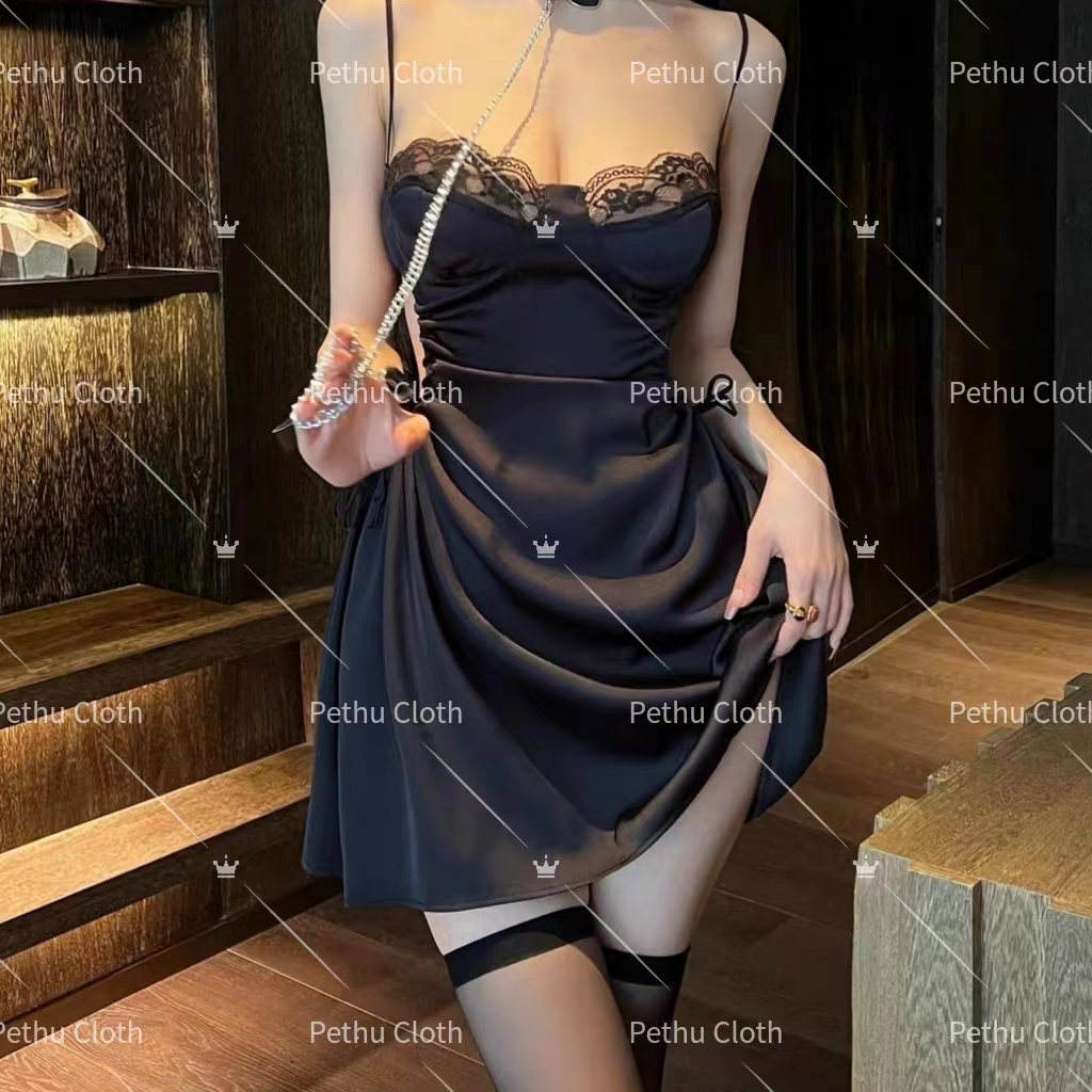 （Q1,HCM) 🥰Váy/đồ ngủ nữ sexy🥰 2 dây thun lạnh mềm phối ren 2 tà siêu gợi cảm tặng quần chíp 45-65kg--043