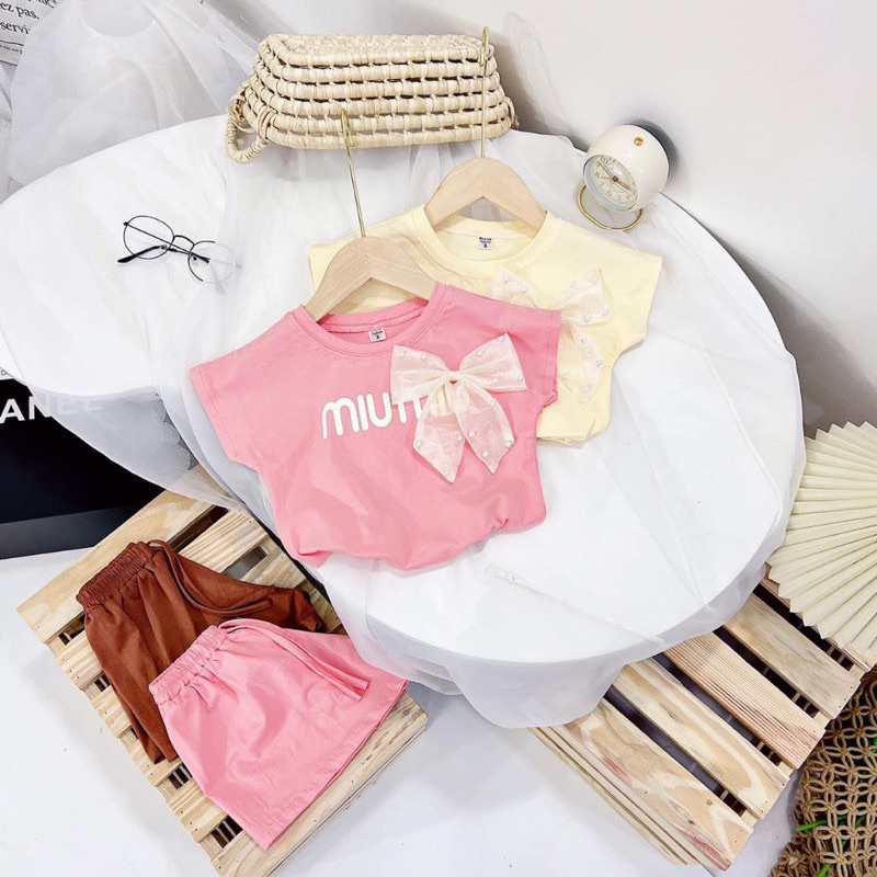 Bộ hè mẫu chữ meo meo đính nơ cho bé gái 1-6 tuổi