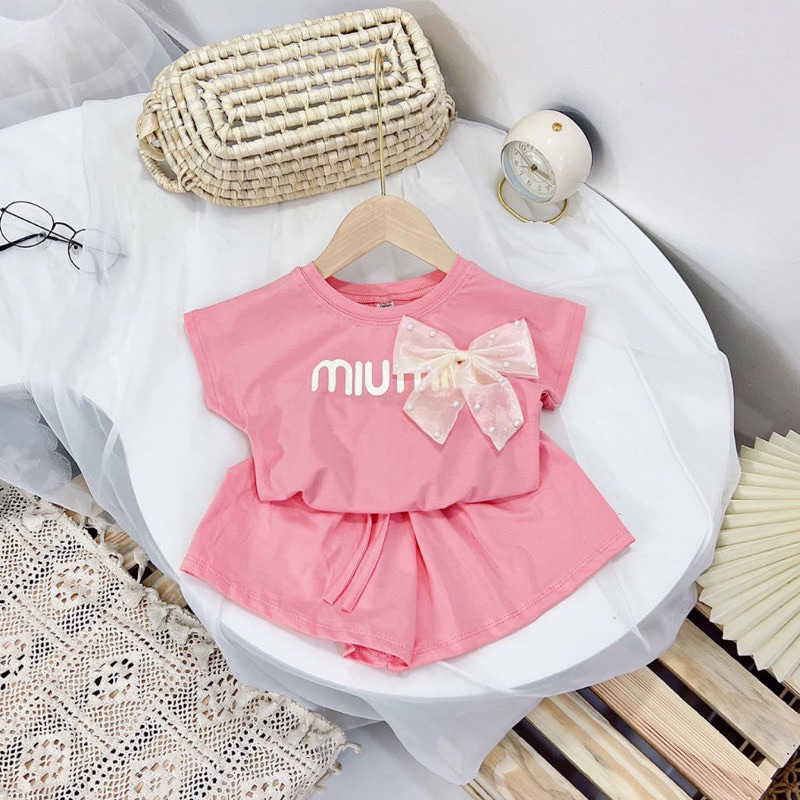 Bộ hè mẫu chữ meo meo đính nơ cho bé gái 1-6 tuổi