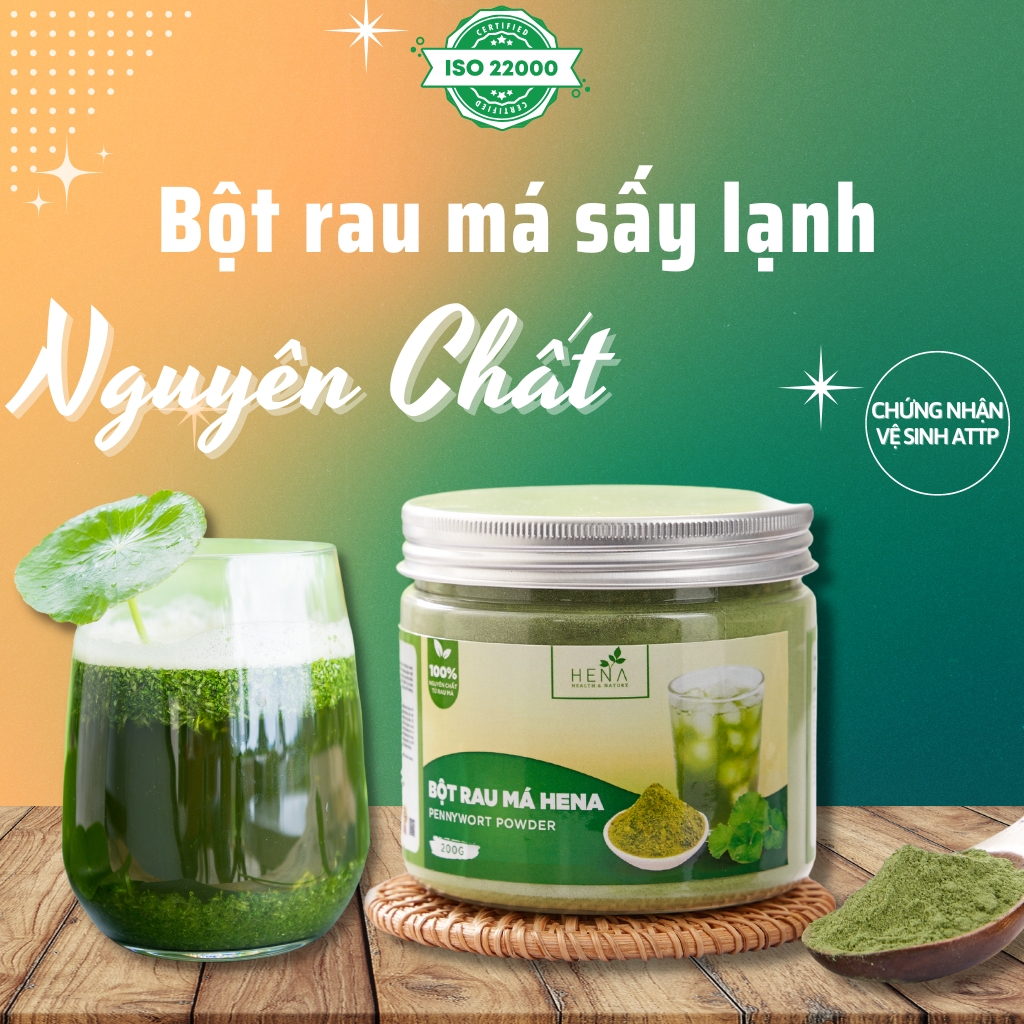 Bột Rau Má Thanh Giải Nhiệt Tinh Chế Nguyên Chất Cao Cấp Hena 200G Theo Chuẩn Iso 22000, Bột Rau Má Hữu Cơ Sấy Lạnh