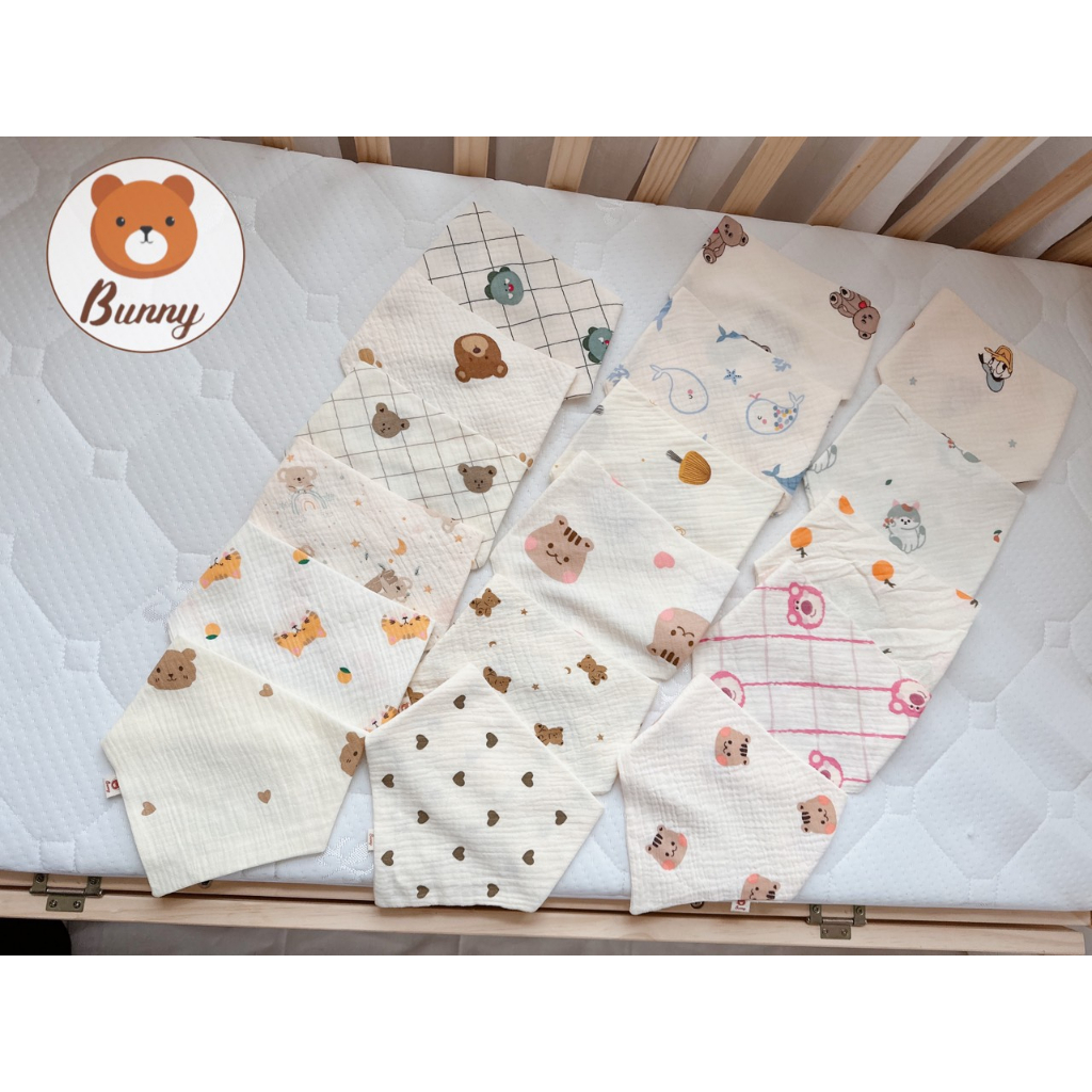 Sét 5 Yếm xô muslin hình Gấu Brown cùng các hình thù ngộ nghĩnh khác cho bé quàng ấm cổ, bé ăn dặm