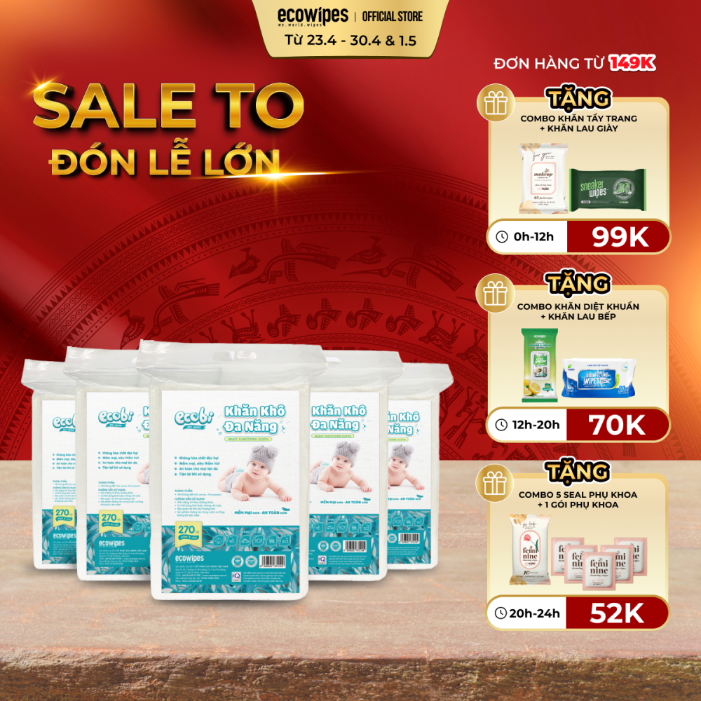 Combo 05 túi khăn khô đa năng cho bé Ecobi túi 270 tờ dùng thay khăn sữa an toàn cho trẻ sơ sinh