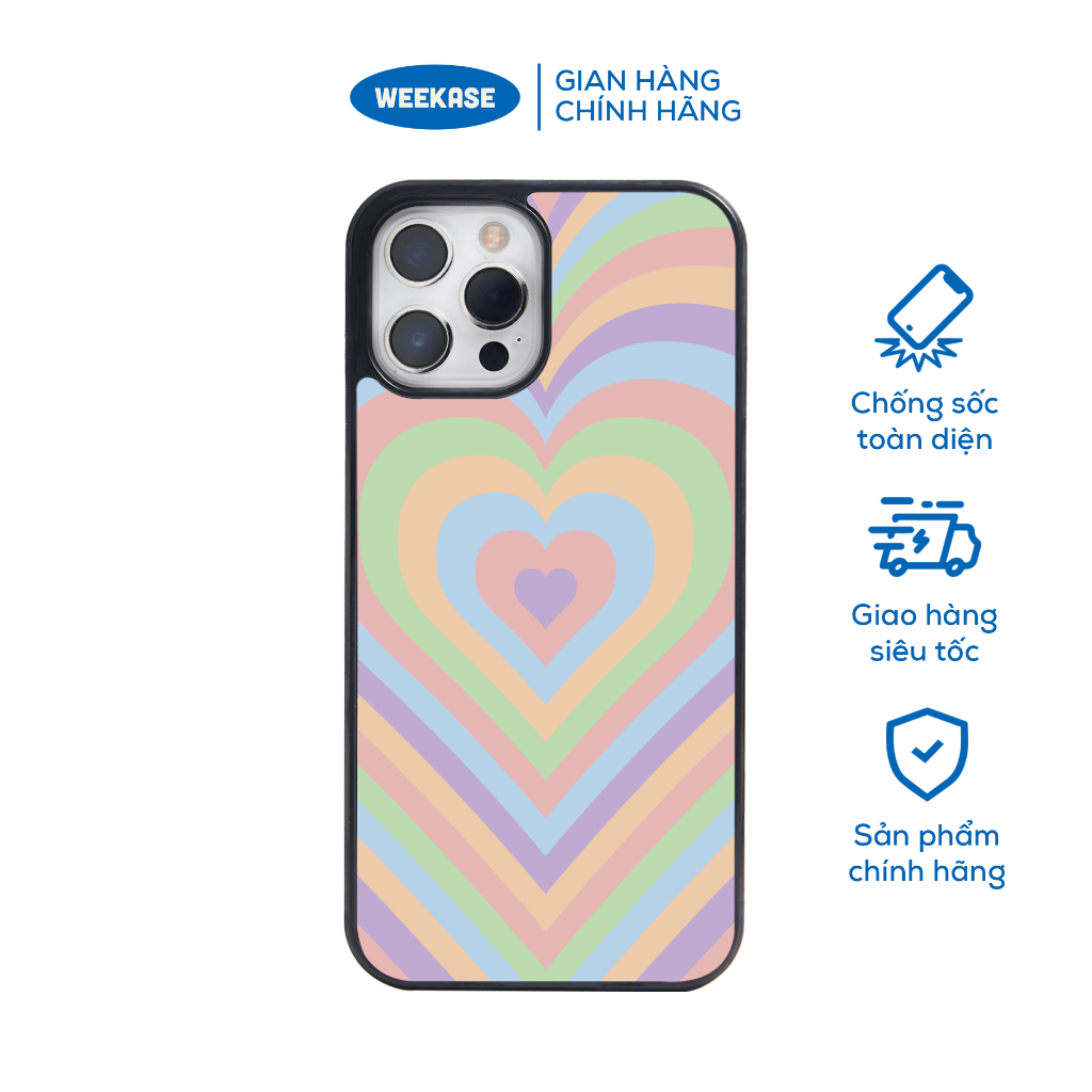 Ốp lưng iPhone viền trắng, đen chống sốc chống va đập Weekase in hình nhiều trái tim màu cầu vồng - Màu in cực bền