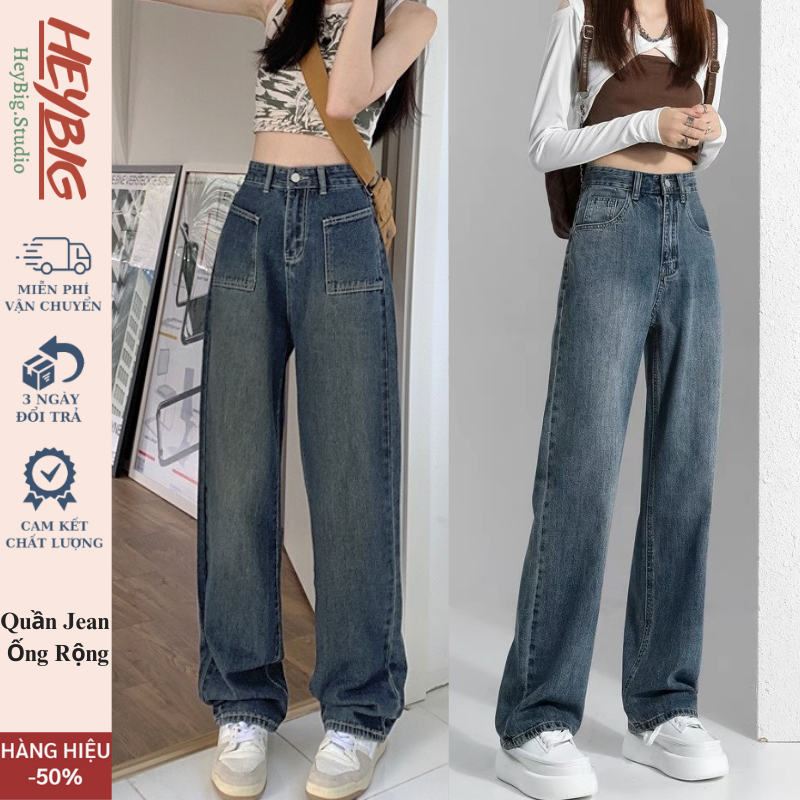 Quần jeans ống rộng cạp cao 2 túi mặt trước Ulzzang HeyBig,quần bò nữ ống rộng lưng cao vải jean dày đẹp,dáng suông-T12