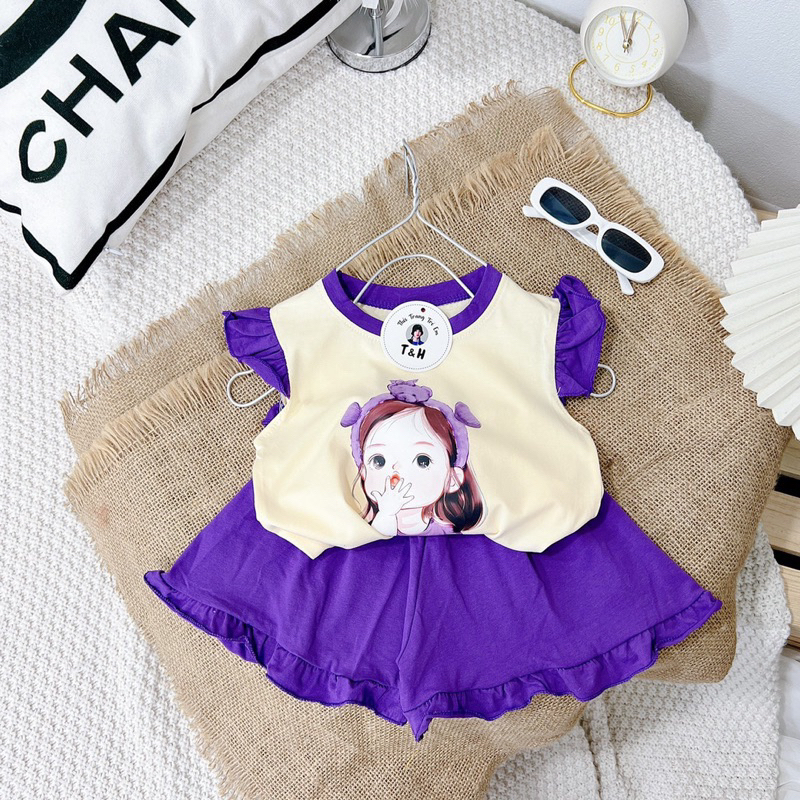 Set bộ hè mẫu in 5D hình cô gái đeo bờm gấu,chất cotton siêu xịn cho bé gái 1-6 tuổi