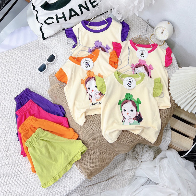 Set bộ hè mẫu in 5D hình cô gái đeo bờm gấu,chất cotton siêu xịn cho bé gái 1-6 tuổi