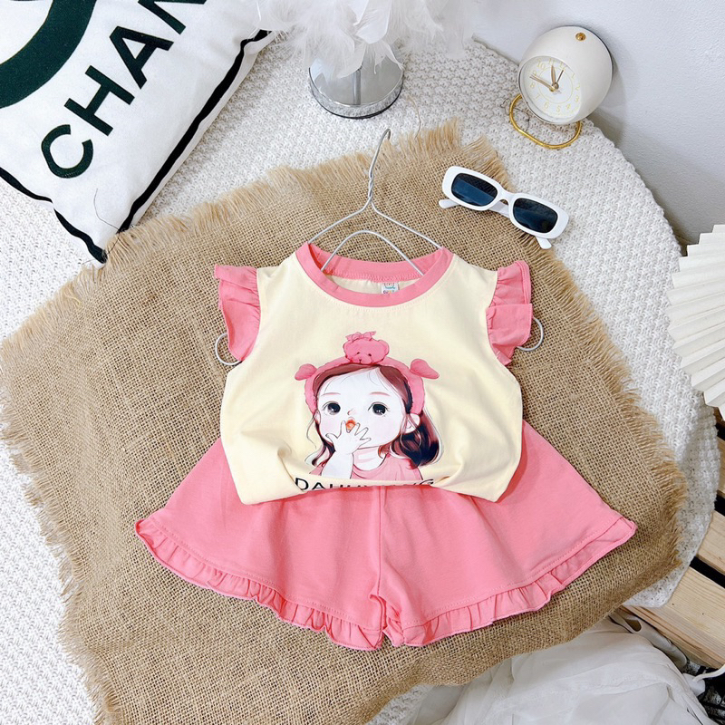 Set bộ hè mẫu in 5D hình cô gái đeo bờm gấu,chất cotton siêu xịn cho bé gái 1-6 tuổi