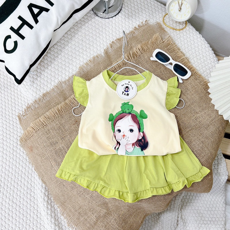 Set bộ hè mẫu in 5D hình cô gái đeo bờm gấu,chất cotton siêu xịn cho bé gái 1-6 tuổi