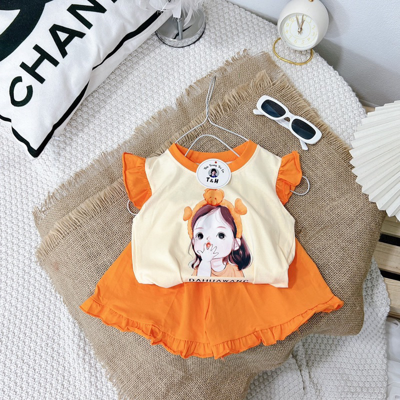 Set bộ hè mẫu in 5D hình cô gái đeo bờm gấu,chất cotton siêu xịn cho bé gái 1-6 tuổi