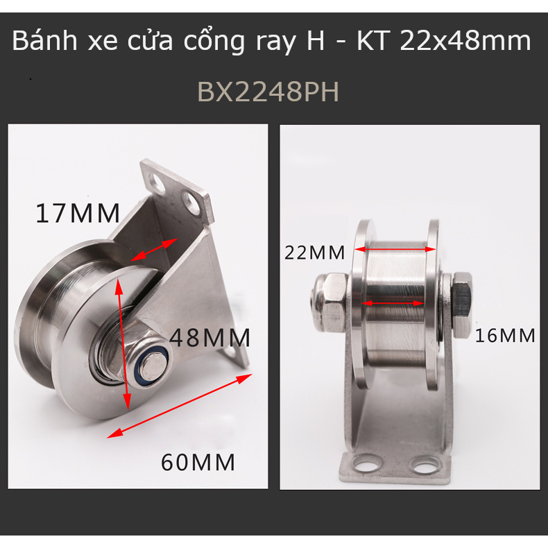 Bánh xe cửa cổng lùa inox 304 ray H 16mm, tải trọng 200kg, KT 22x48mm - BX2248PH