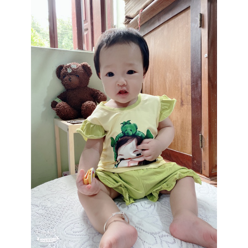 Set bộ hè mẫu in 5D hình cô gái đeo bờm gấu,chất cotton siêu xịn cho bé gái 1-6 tuổi