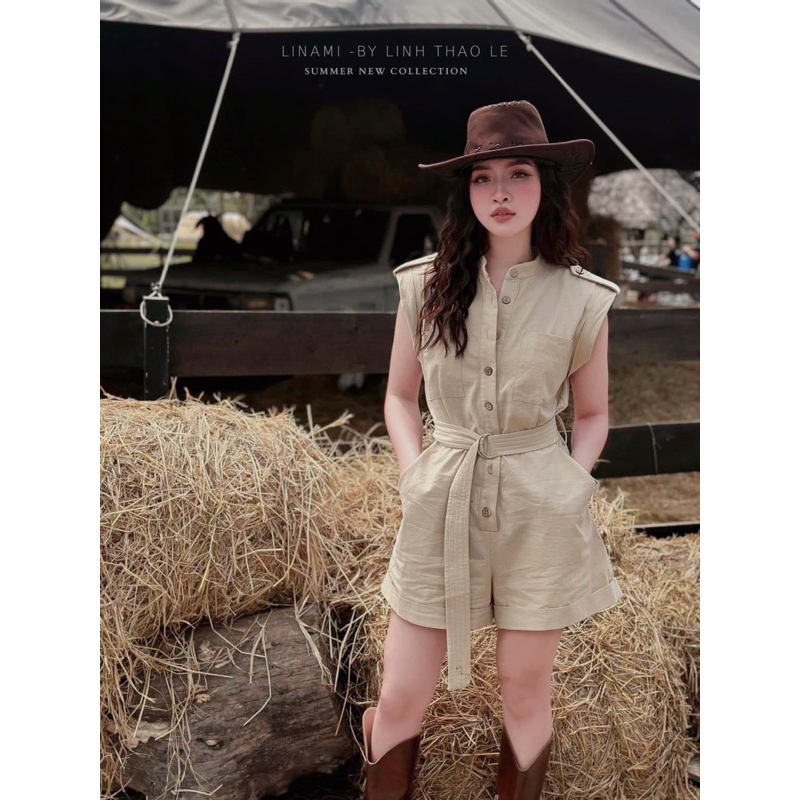 Bộ Jumpsuits linen liền ngắn kèm đai eo cực chất (ảnh + video thật ở cuối)