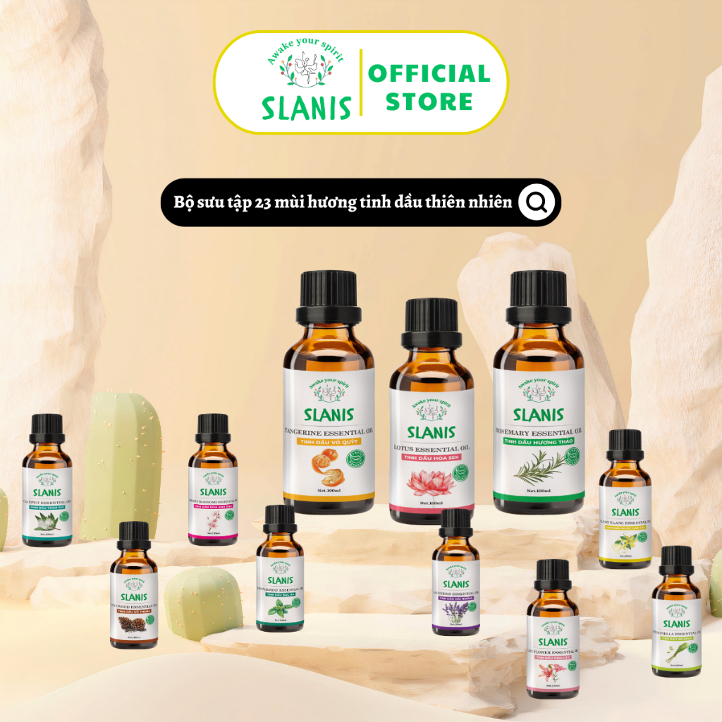 Tinh dầu thiên nhiên nguyên chất SLANIS | 23 mùi hương | Nhập khẩu Ấn Độ | Có giấy kiểm định | Thơm phòng, Đuổi muỗi