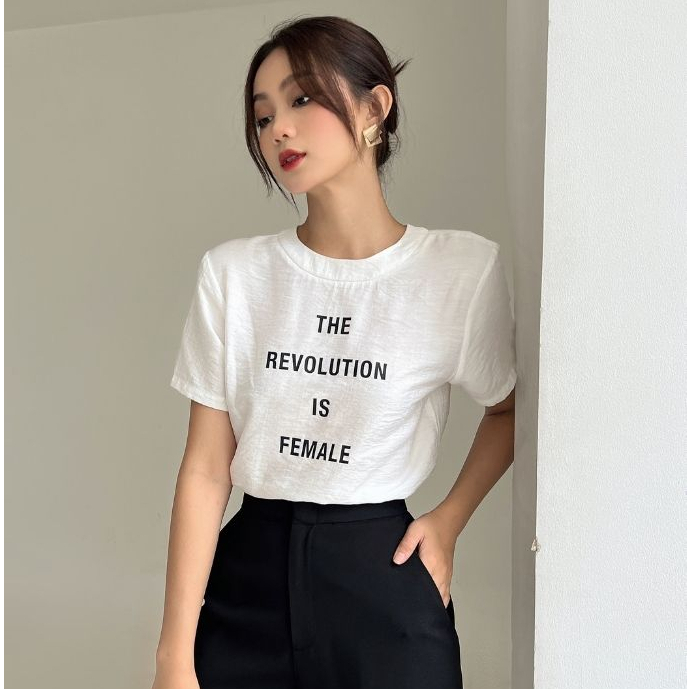 COCO SIN - Áo Lụa In Logo Trắng The Revolution Cổ Tròn