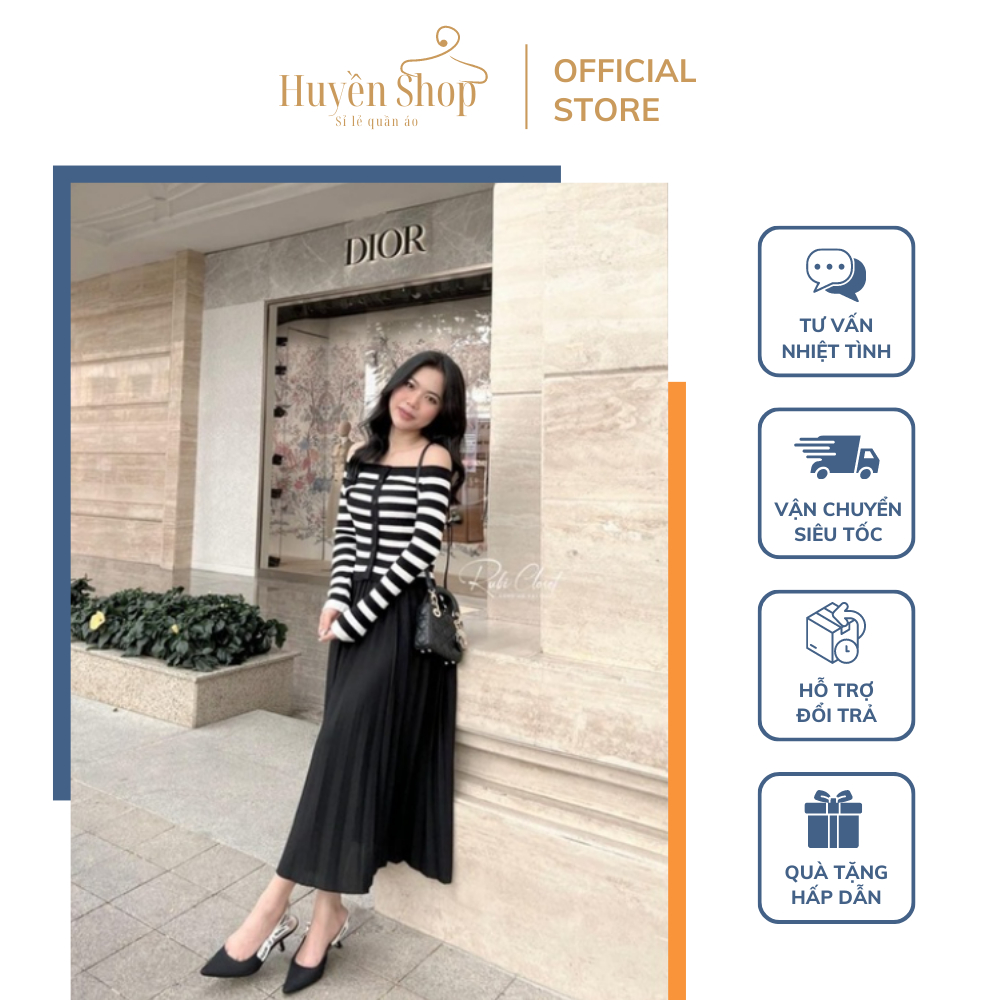 Áo Len Tay Dài Kẻ Tăm Trễ Vai Nút Liền kiểu Dáng Mới Hot Trend Freesize Dưới 55kg - Huyền Shop