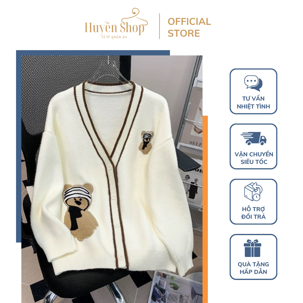 Áo Khoác Len Cardigan Gấu Cài Nút, Tay Dài Viền Nẹp Có Túi 2 Bên Freesize Dưới 60kg - Huyền Shop