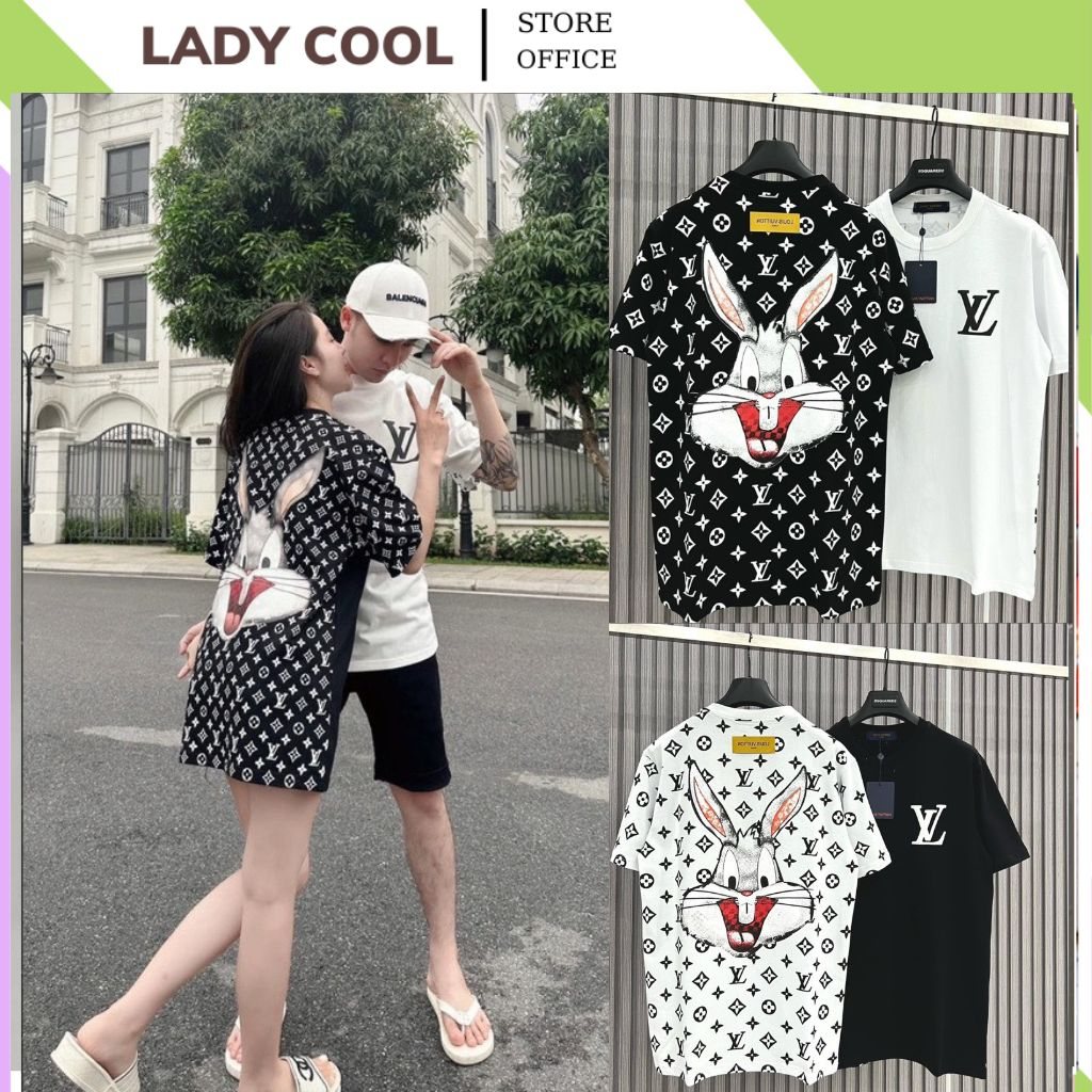 áo phông nữ nam hình thỏ đen trắng form rộng,áo thun unisex chữ L.V kín lưng áo chất cotton hot hot.