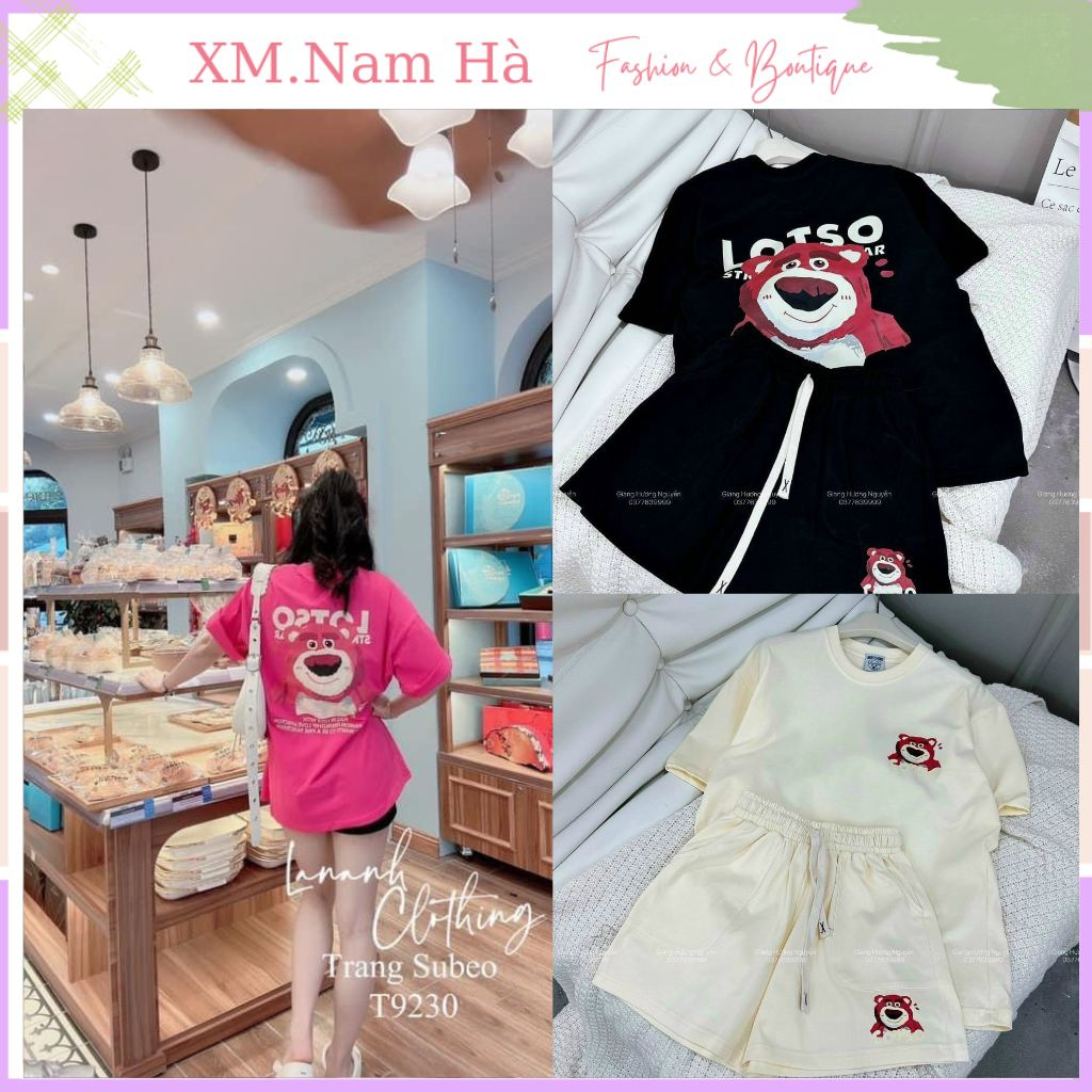 Sét áo gấu lotso ngắn mùa hè chất cotton khô co dãn,bộ quần áo thun đùi form rộng áo gấu thấm mồ hôi.