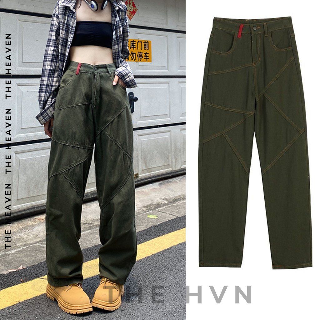 Quần Jean Nữ Ống Rộng Cáp Thấp Màu Xanh Rêu BASIC PANT, Quần bò Kiểu Mỹ Retro 𝒃𝒚 𝑯𝑽𝑵