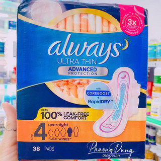 Bịch 38 miếng băng vệ sinh ban đêm có cánh siêu mỏng khử mùi Always Ultra Thin chuẩn Mỹ