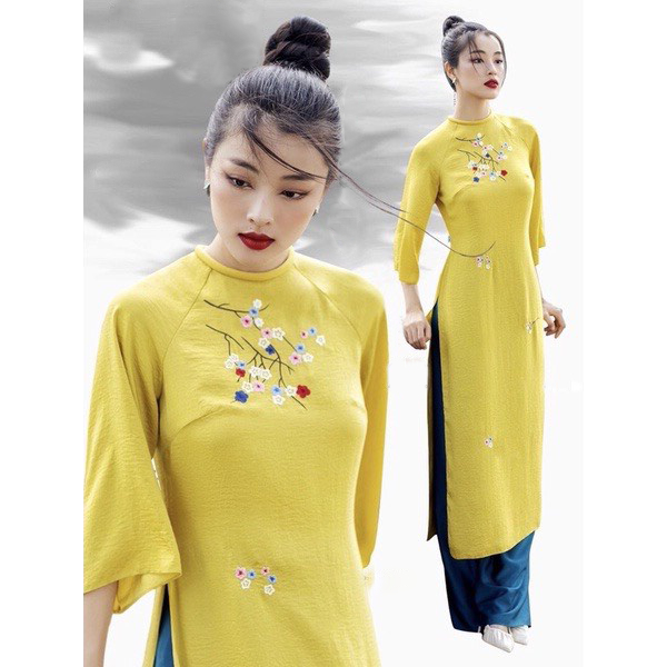 Áo Dài Cách Tân Dáng Suông Cổ Tròn Tay Lỡ ,Áo Dài Xuông Nữ Họa Tiết Thêu Lắc Tay Truyền Thống Màu Vàng