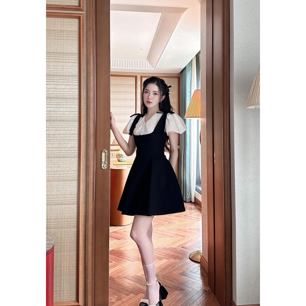 Váy Cổ Sơ Mi Tay Bồng Chất Liệu Kaki Cao Cấp, Đầm Kiểu Dây Yếm Tay Bồng Cổ Tim Mix Nơ Siêu Xinh