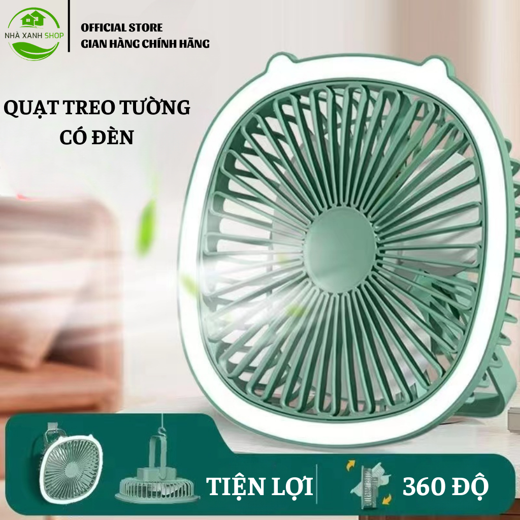Quạt Tích Điện Mini Treo Tường, Quạt Để Bàn Tai Mèo Có 3 Chế Độ Kèm Sạc USB Đa Năng Kiêm Đèn Ngủ, Pin Trâu