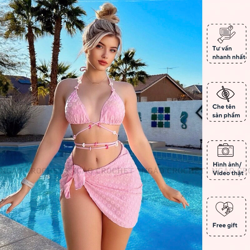 Set Bikini 3 Mảnh Màu Hồng Baby Đan Dây Gợi Cảm - Bộ Đồ Bơi 3 Món Hoạ Tiết Hoa Dập Nổi Có Mút Ngực Kèm Khăn Che