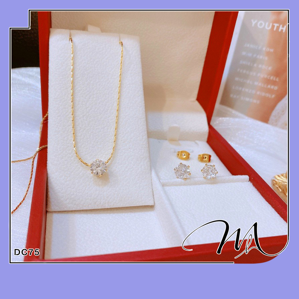 Set dây chuyền bông tai Titan dây nhuyễn mảnh 1 hạt đá nhỏ thanh lịch - Măng’s House DC75